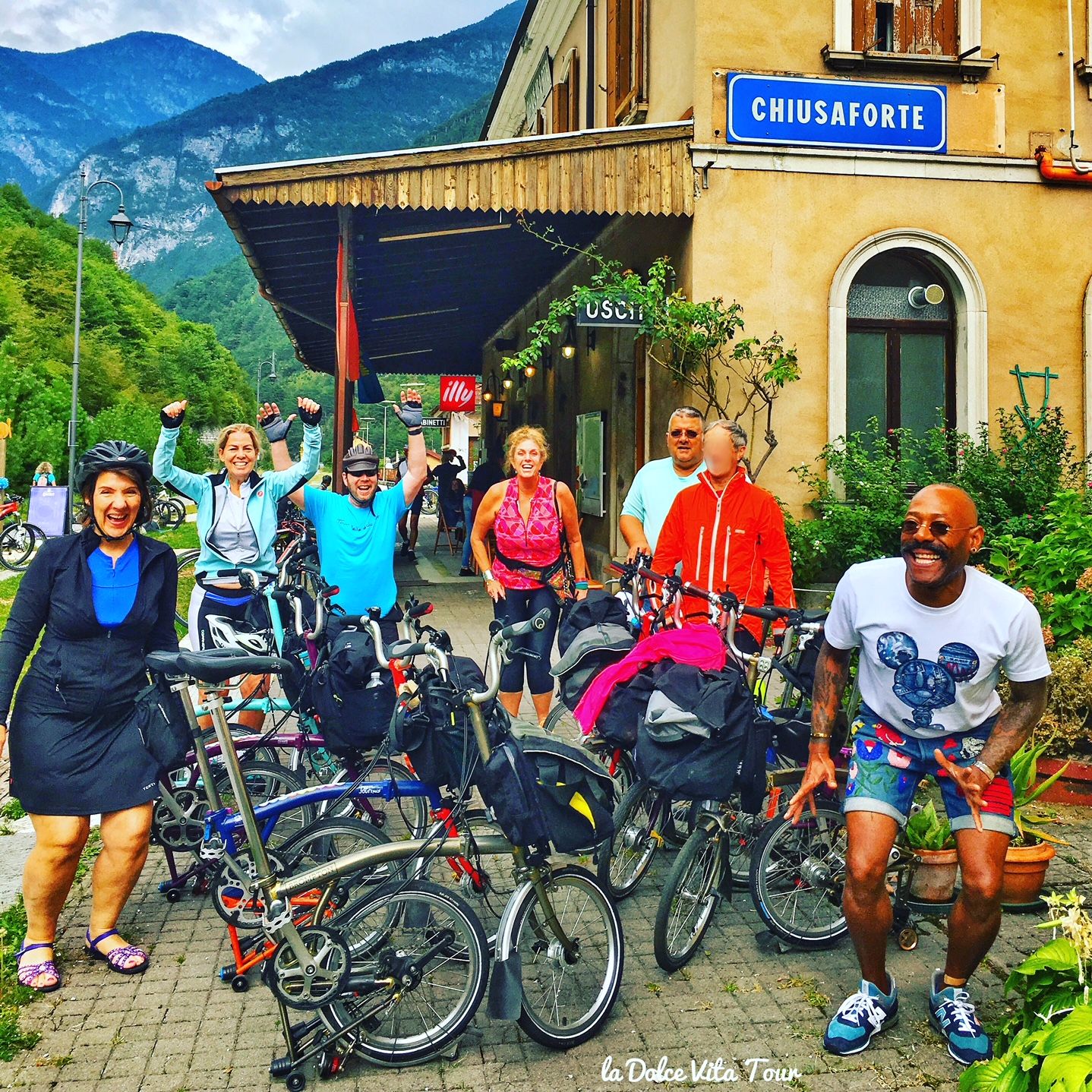 One of our Brompton folding bike guided tour groups in Italy with their bicycles.