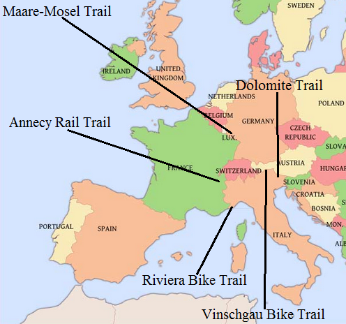 Map of Europe showing the location of the bike trails this trip will cover