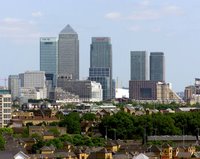 London's Canary Wharf financial district viewed from the River Thames