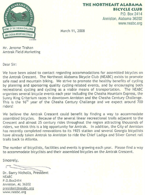 NEABC letter to Amtrak to allow unboxed bikes on the Crescent