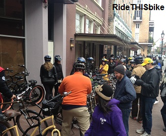A big group bike rental preparing to leave our bicycle shop