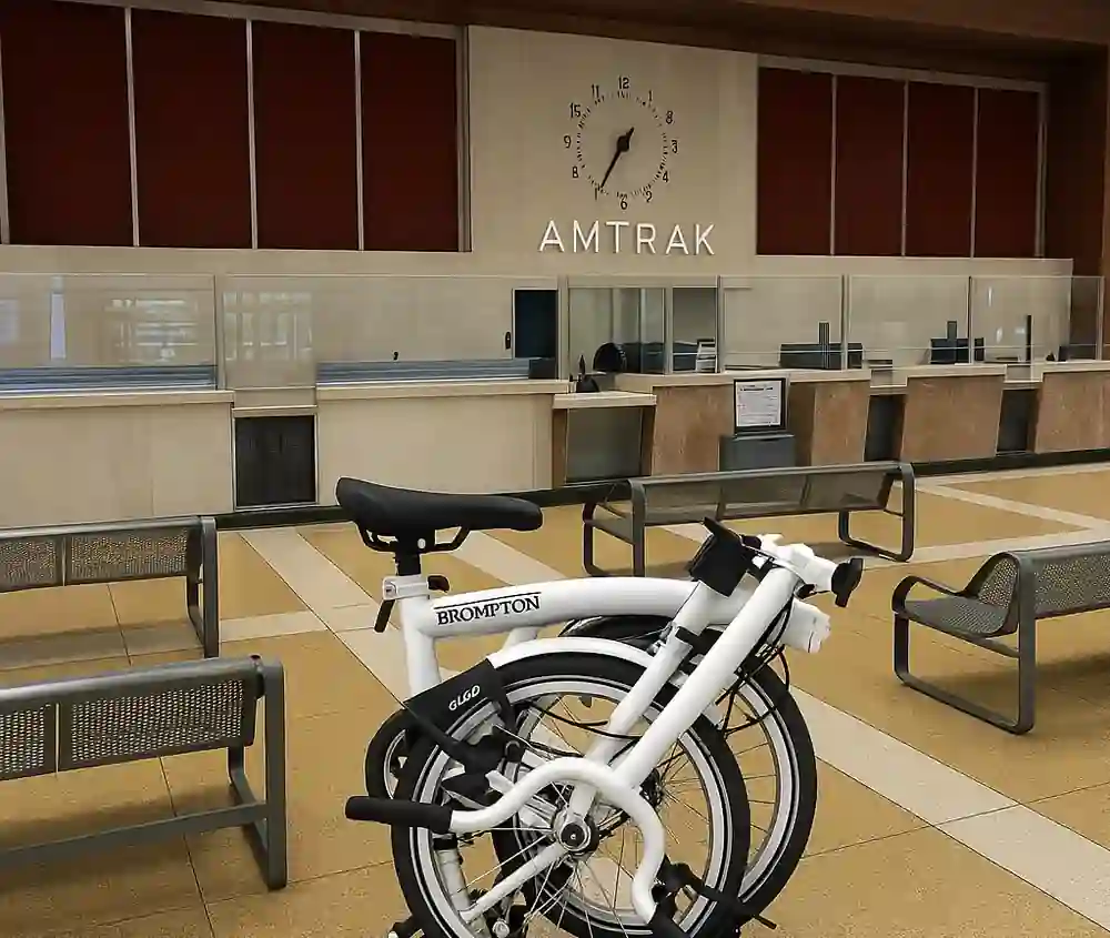 Folded Brompton bicycle at New Orleans Union Passenger Terminal