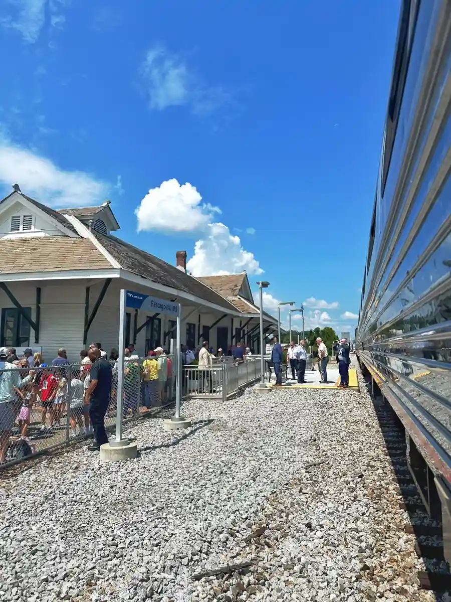 Amtrak Mardi Gras Service train beside the Pascagoula station