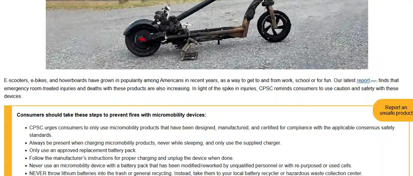CPSC guidance on preventing micromobility device fires from lithium-ion batteries.