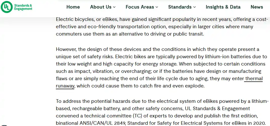 Excerpt explaining the purpose of UL 2849 and how it protects e-bike riders from fire and electrical risk.