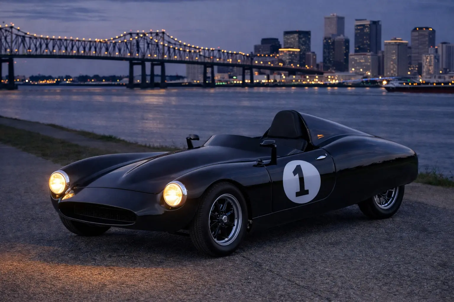 Tyfana cyclecar concept near the Crescent City Connection at twilight