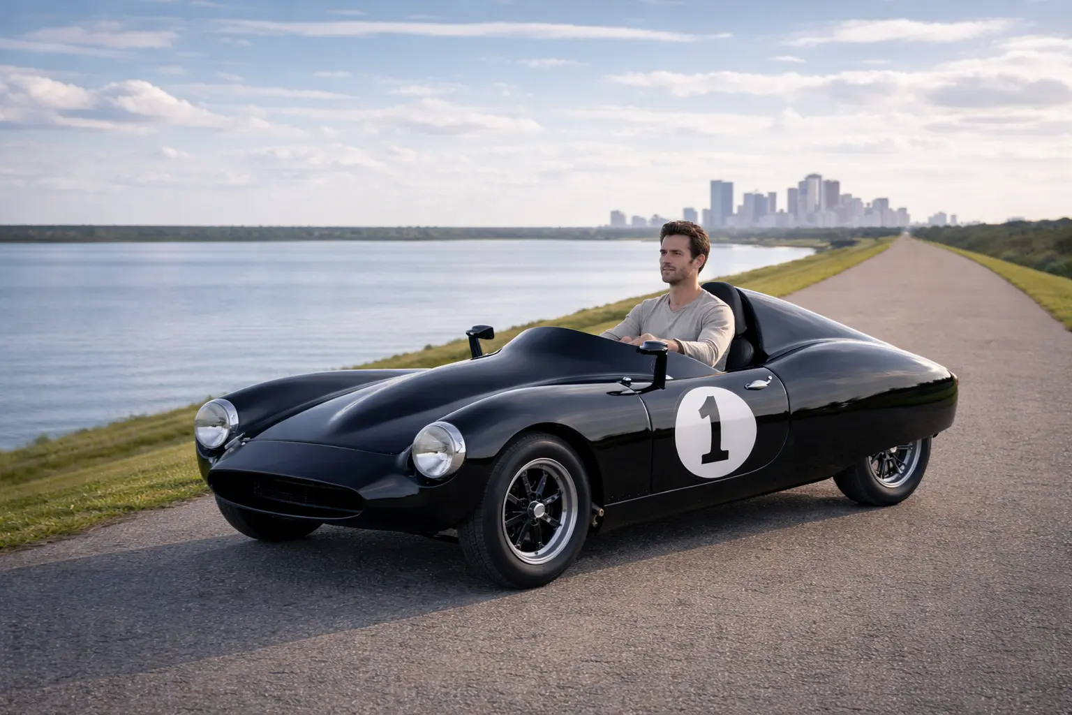 Tyfana cyclecar concept on the Mississippi River levee in daylight